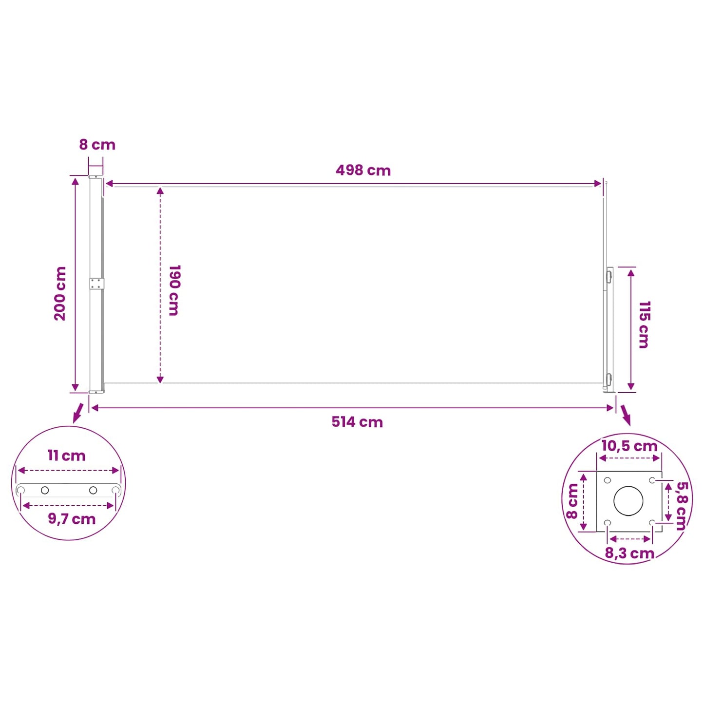 vidaXL Ανακλινόμενος Πλευρικός Απλώστρα 200 x 500 cm
