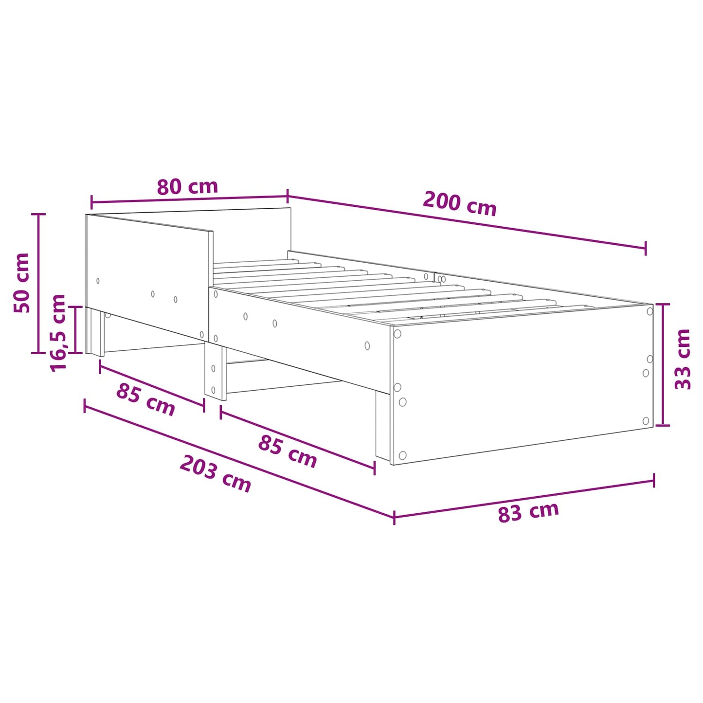 vidaXL Κρεβάτι με Κεφαλάρι Μαύρη Δρυς 80 x 200 cm Επεξεργασμένο Ξύλο