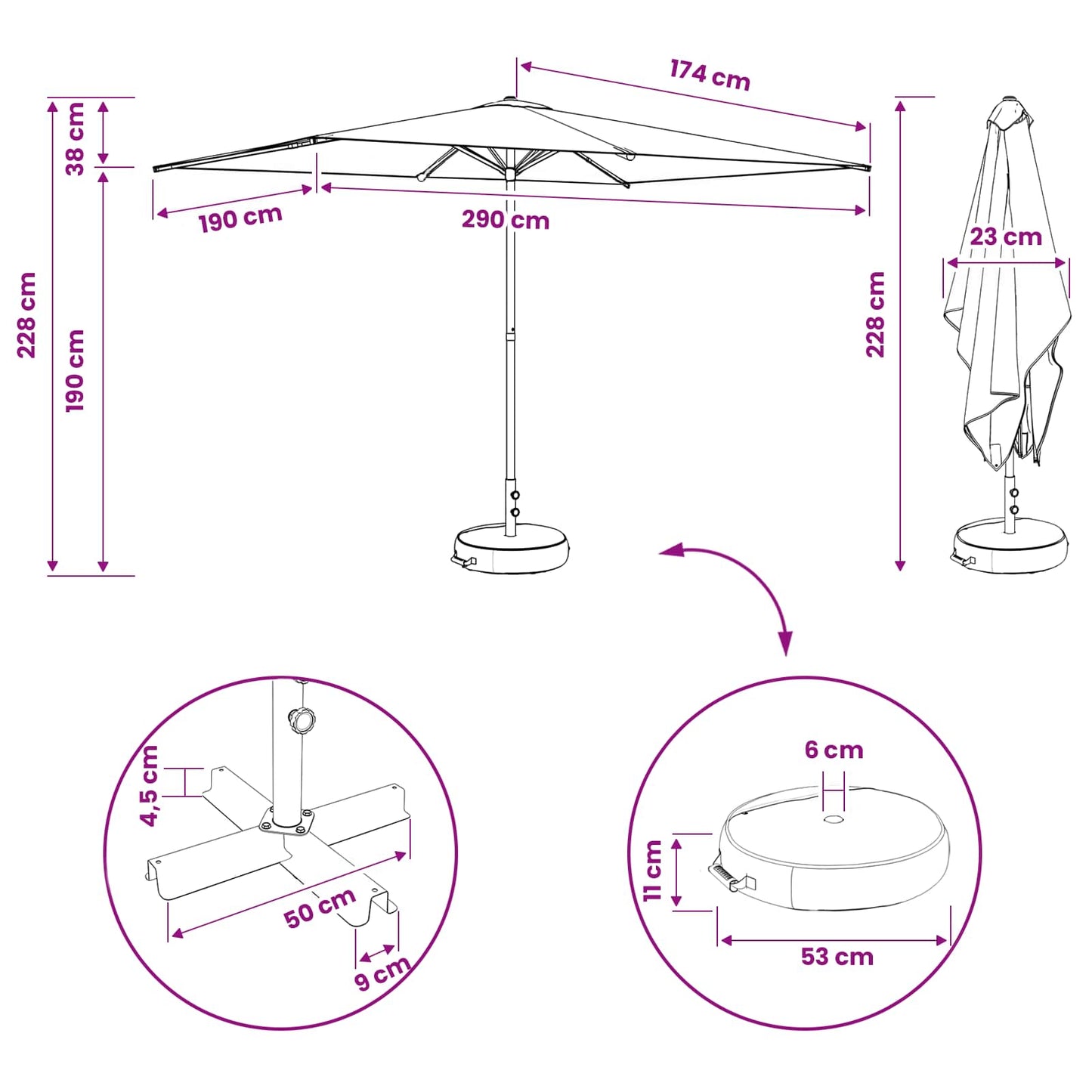 vidaXL Ομπρέλα Κήπου με Βάση 200 x 300 cm Πολυεστέρας Ορθογώνιος