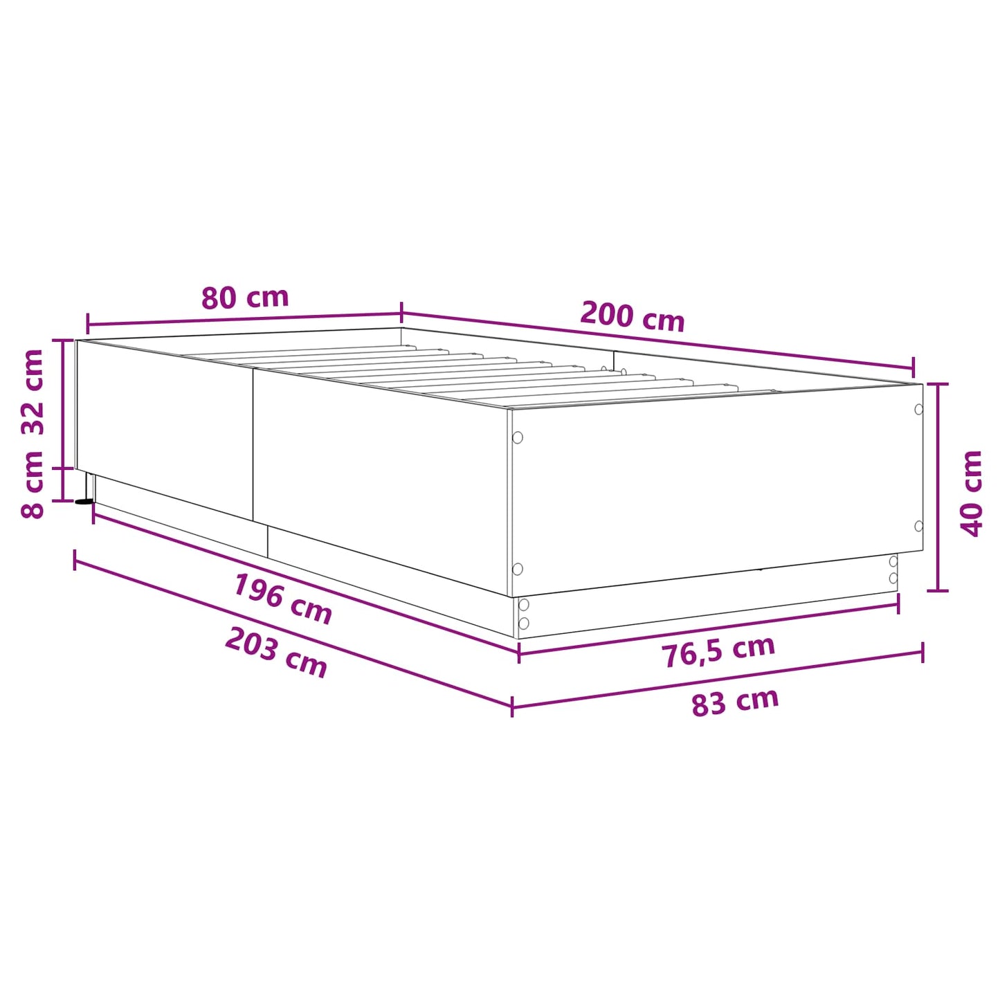 vidaXL Κρεβάτι με φωτισμό LED Μαύρη Δρυς 80 x 200 cm