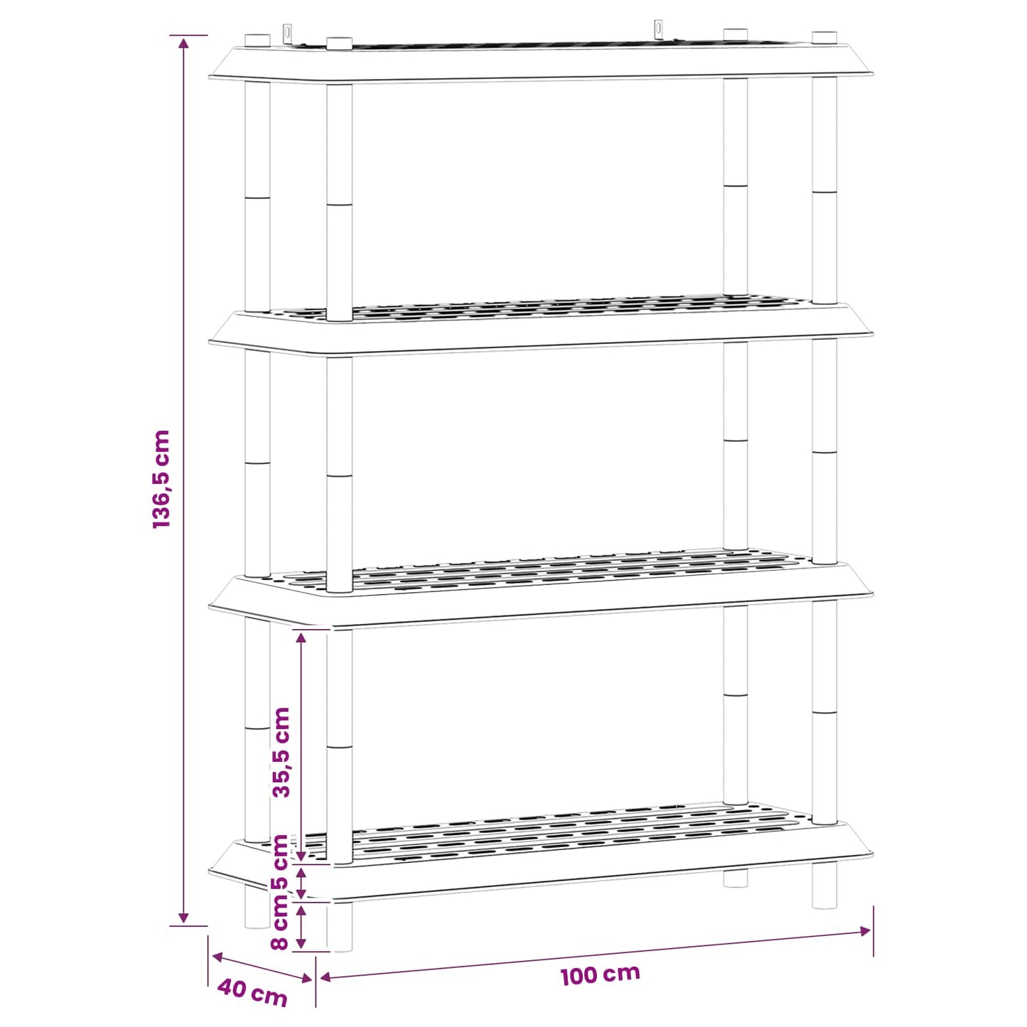 vidaXL Μονάδα Ραφιού 4 επίπεδα 100 x 40 x 136,5 εκ PP Λευκό