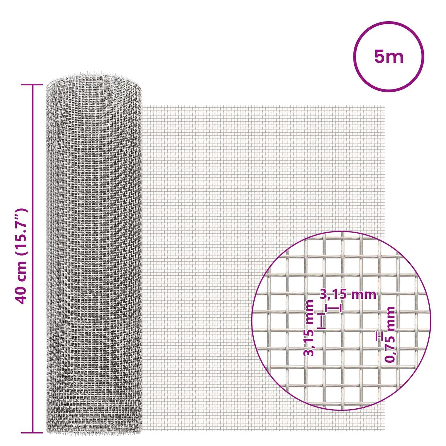 vidaXL Πλέγμα Οθόνης 40 x 500 εκ 6 Mesh Ανοξείδωτο Ατσάλι 201 Ασημί