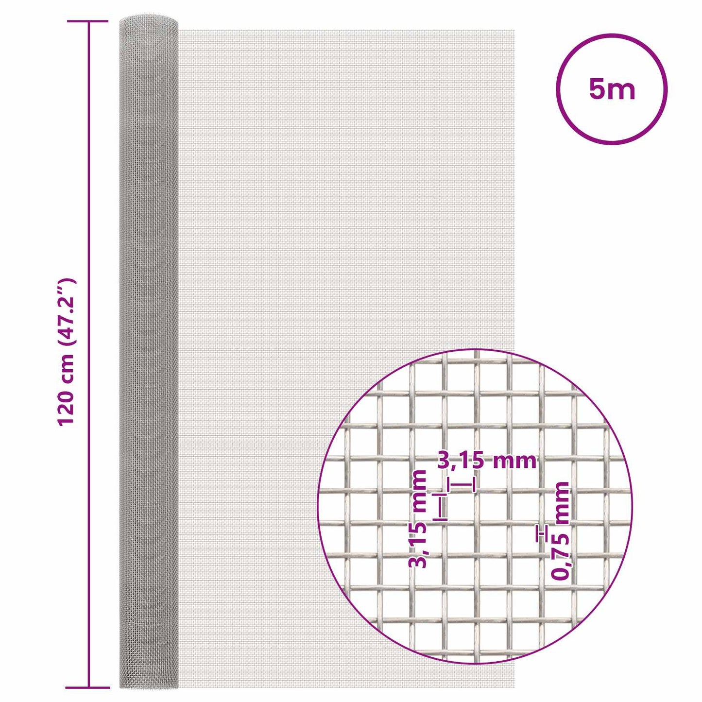 vidaXL Πλέγμα Οθόνης 120 x 500 cm 6 Mesh Ανοξείδωτο Ατσάλι 201 Ασημί