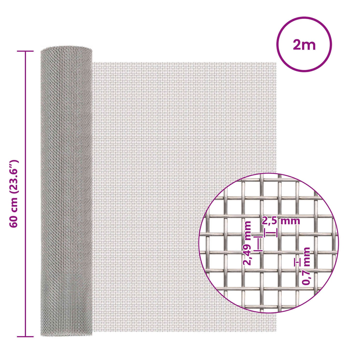 vidaXL Πλέγμα Οθόνης 60 x 200 cm 8 Mesh Ανοξείδωτο Ατσάλι 201 Ασημί