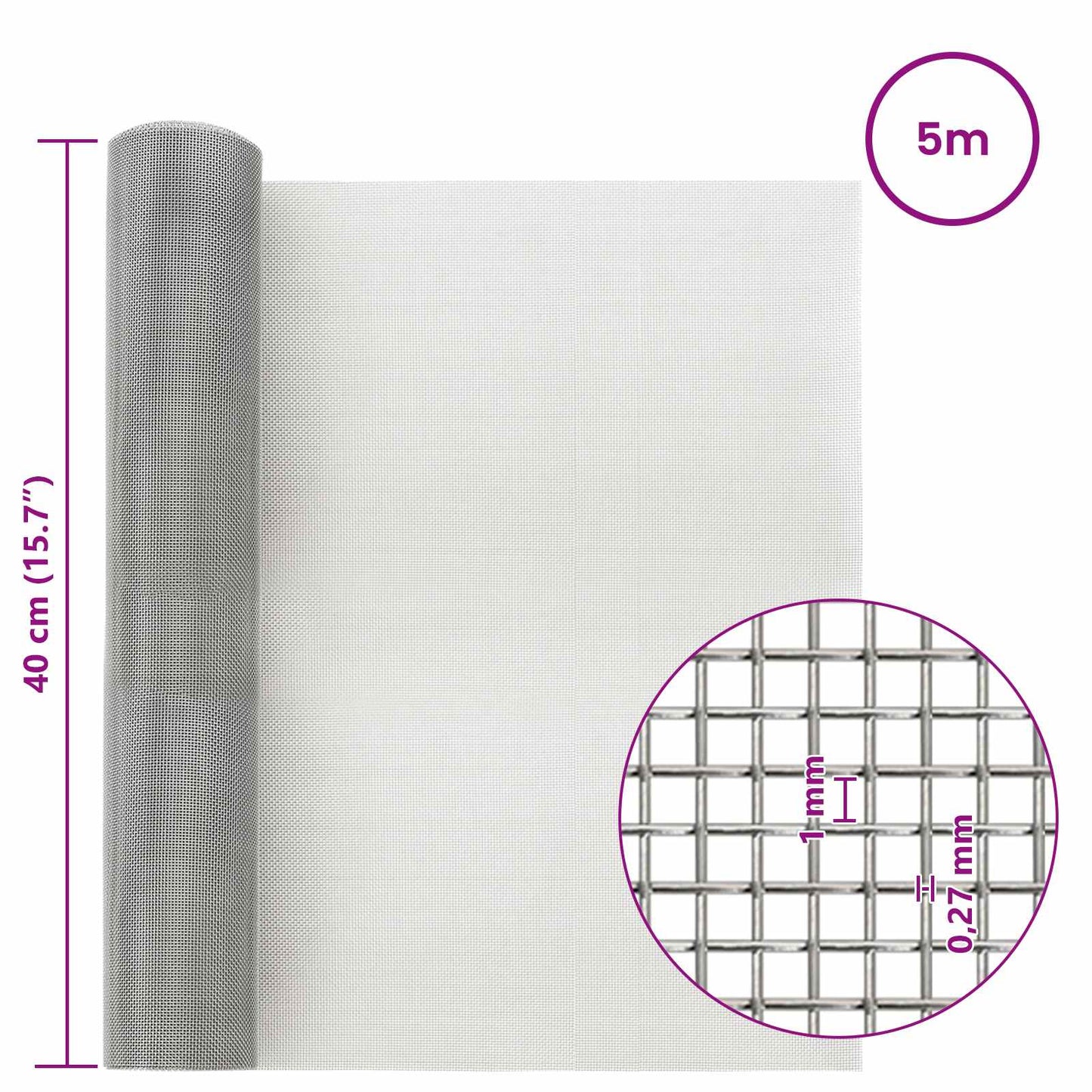 vidaXL Πλέγμα Οθόνης 40 x 500 εκ 20 Mesh Ανοξείδωτο Ατσάλι 201 Ασημί
