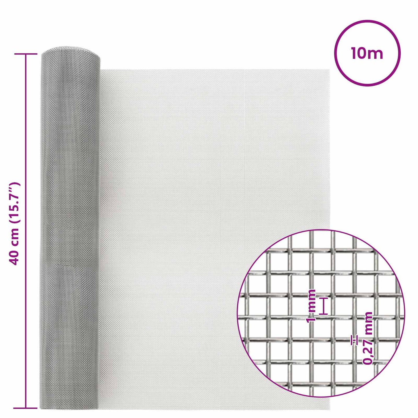 vidaXL Πλέγμα Οθόνης 40 x 1000 εκ 20 Mesh Ανοξείδωτο Ατσάλι 201 Ασημί