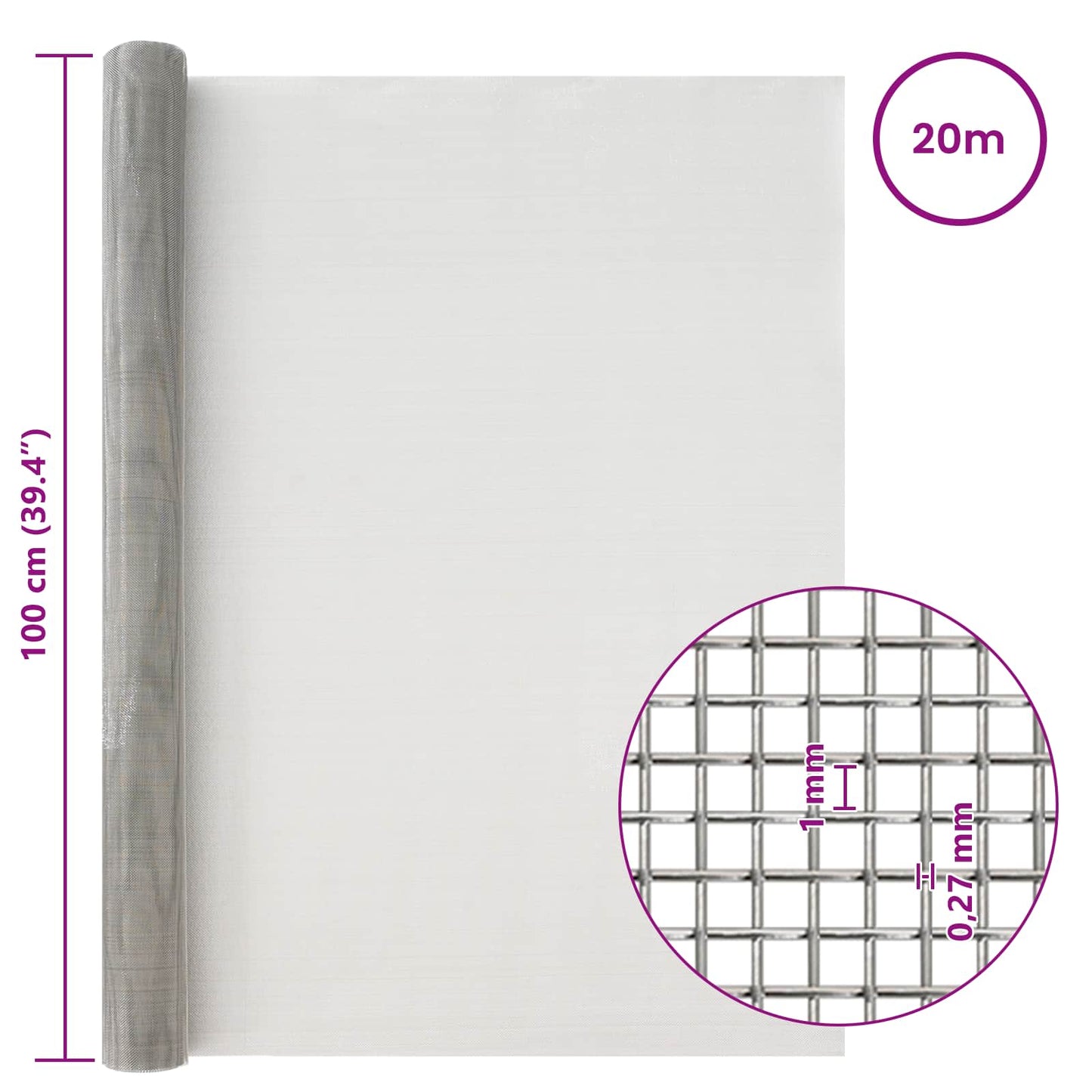 vidaXL Πλέγμα Οθόνης 100 x 2000 cm 20 Mesh Ανοξείδωτο Ατσάλι 201 Ασημί