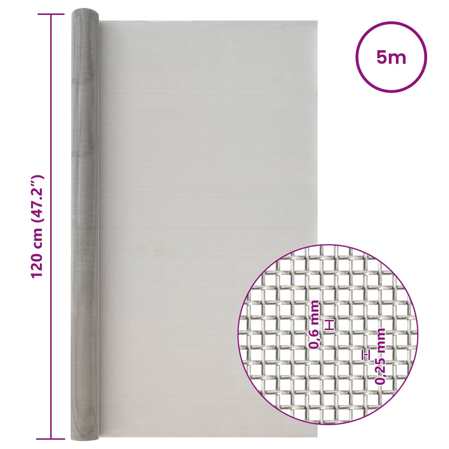 vidaXL Πλέγμα Οθόνης 120 x 500 cm 30 Mesh Ανοξείδωτο Ατσάλι 201 Ασημί