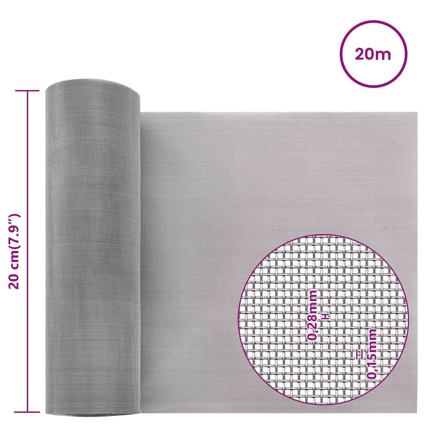 vidaXL Πλέγμα Οθόνης 20 x 2000 εκ 60 Mesh Ανοξείδωτο Ατσάλι 201 Ασημί