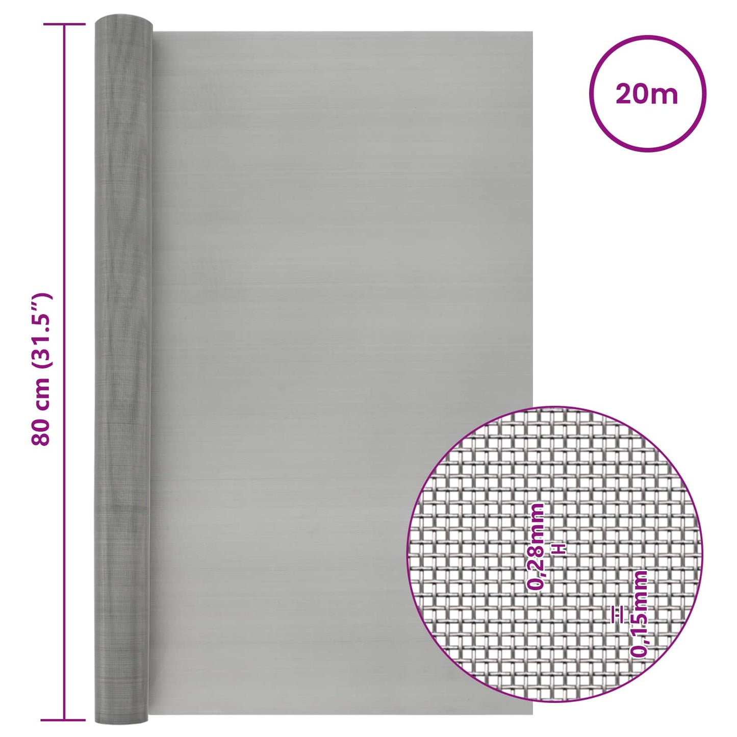 vidaXL Πλέγμα Οθόνης 80 x 2000 cm 60 Mesh Ανοξείδωτο Ατσάλι 201 Ασημί
