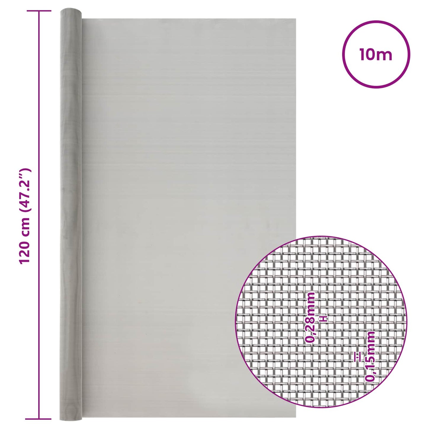 vidaXL Πλέγμα Οθόνης 120 x 1000 cm 60 Mesh Ανοξείδωτο Ατσάλι 201 Ασημί