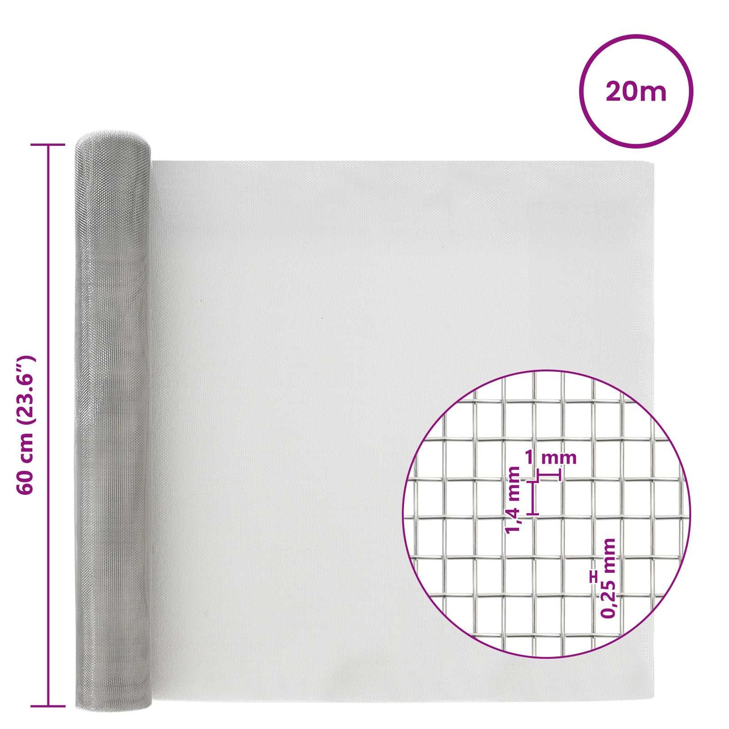 vidaXL Πλέγμα Οθόνης 60 x 2000 cm 18 mesh Ανοξείδωτο Ατσάλι 304 Ασημί