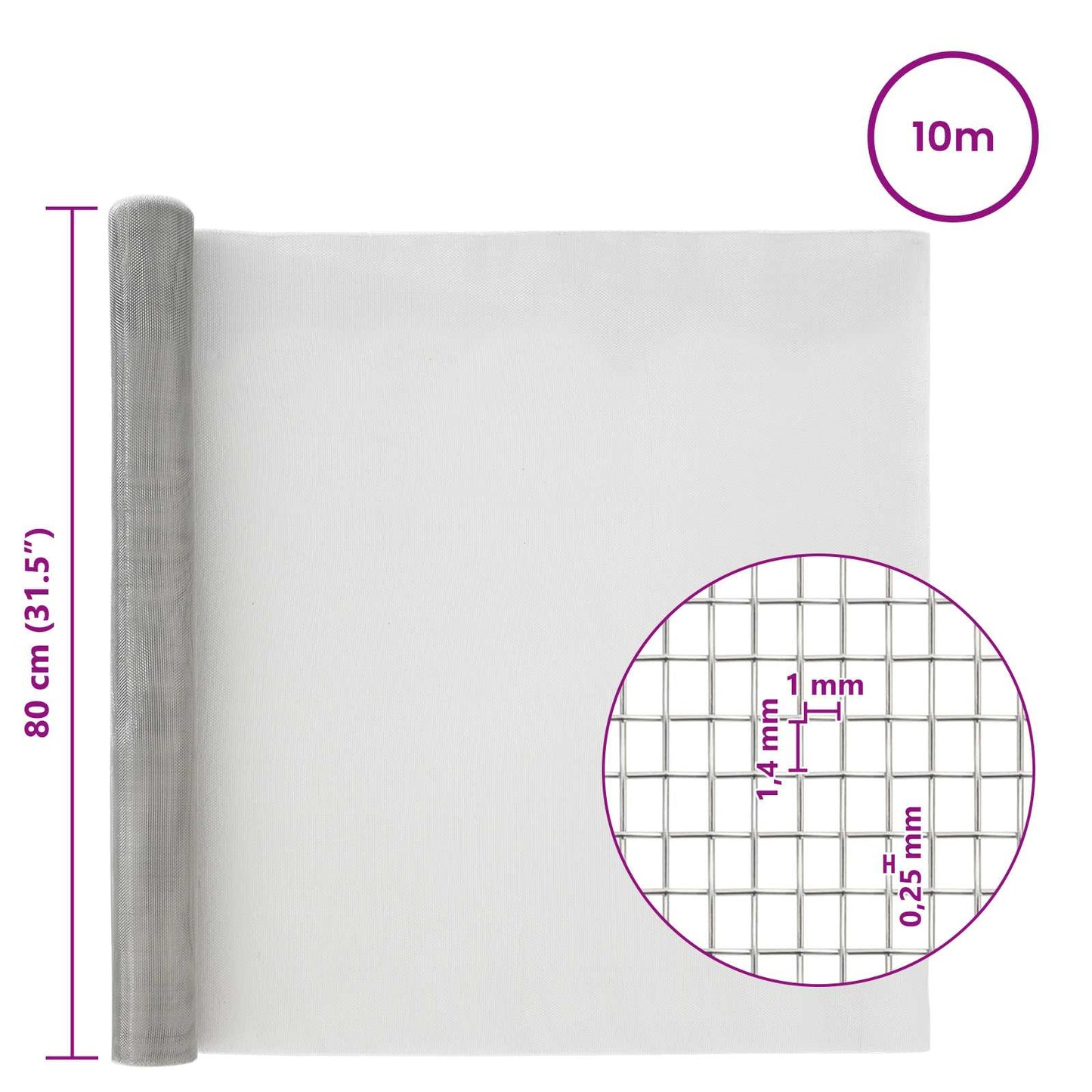 vidaXL Πλέγμα Οθόνης 80 x 1000 cm 18 mesh Ανοξείδωτο Ατσάλι 304 Ασημί