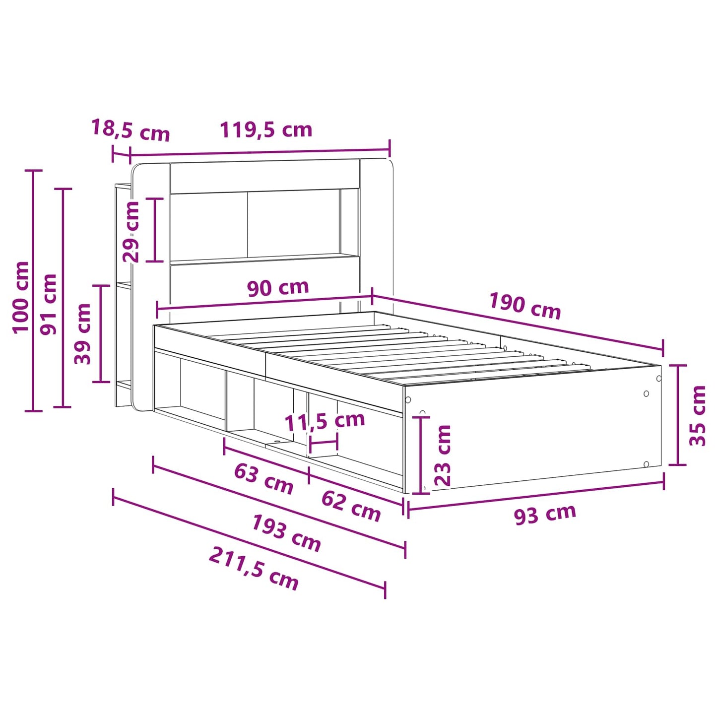 vidaXL Σκελετός κρεβατιού με αποθήκευση Sonoma Δρυς 90 x 190 cm