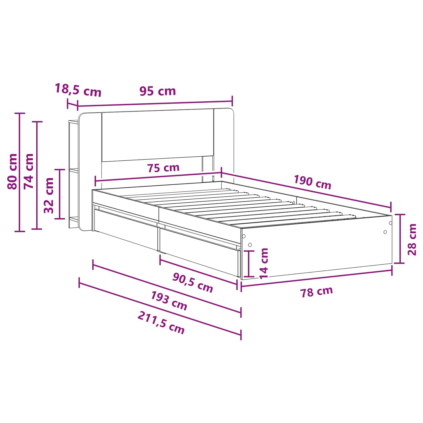 vidaXL Σκελετός κρεβατιού με αποθήκευση Γκρι Sonoma 75 x 190 cm