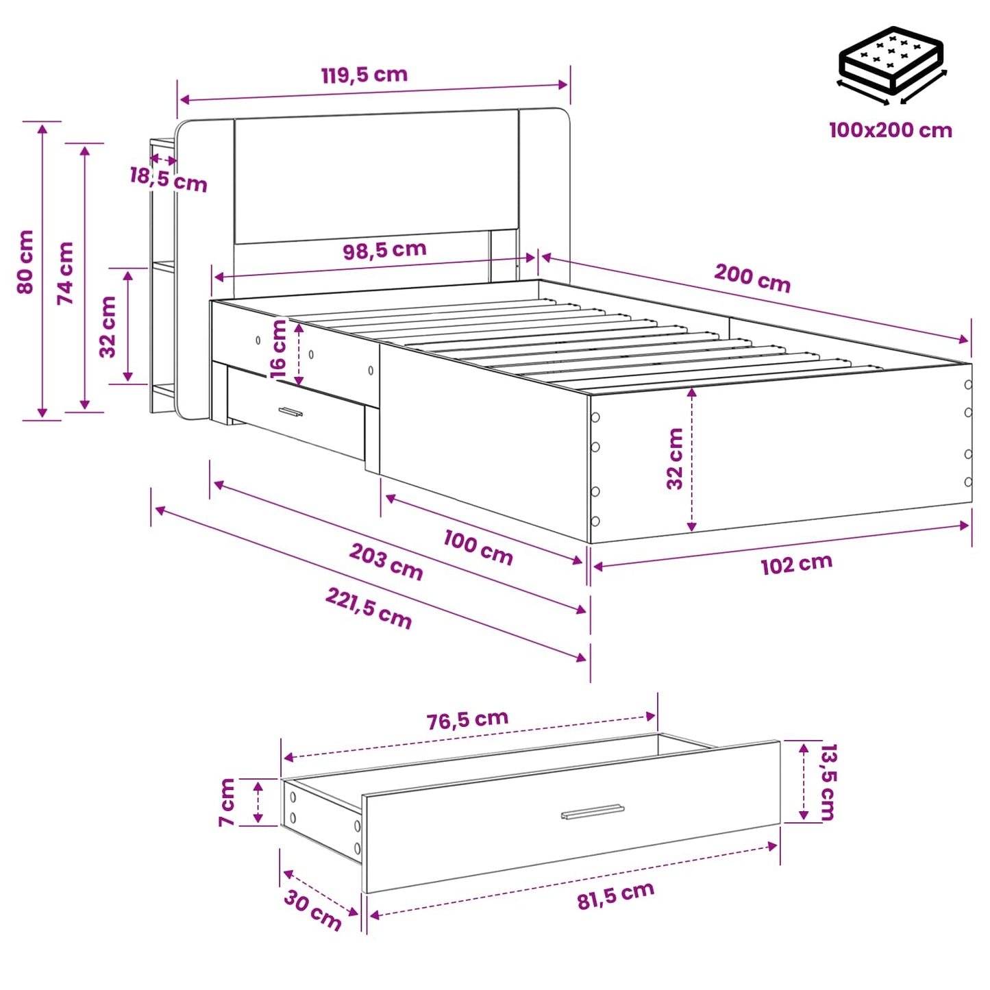 vidaXL Σκελετός κρεβατιού με αποθήκευση Γκρι Sonoma 100 x 200 cm