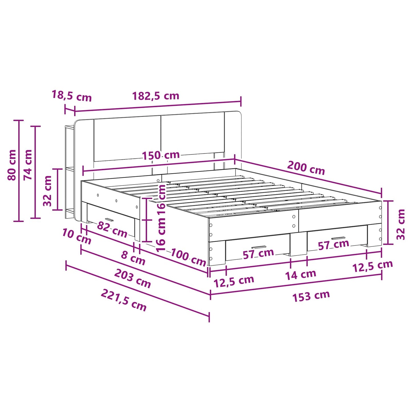 vidaXL Σκελετός κρεβατιού με αποθήκευση Sonoma Δρυς 150 x 200 cm