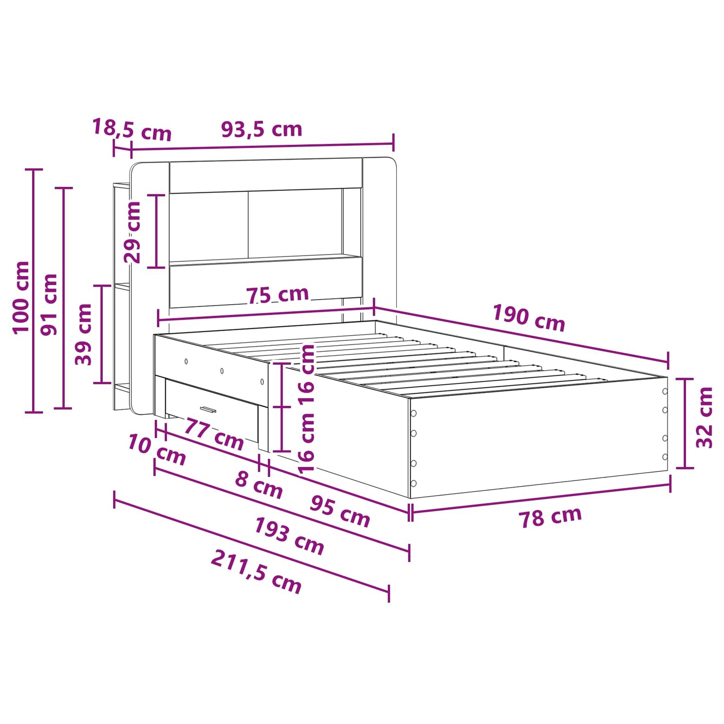 vidaXL Σκελετός κρεβατιού με αποθήκευση Γκρι Sonoma 75 x 190 cm