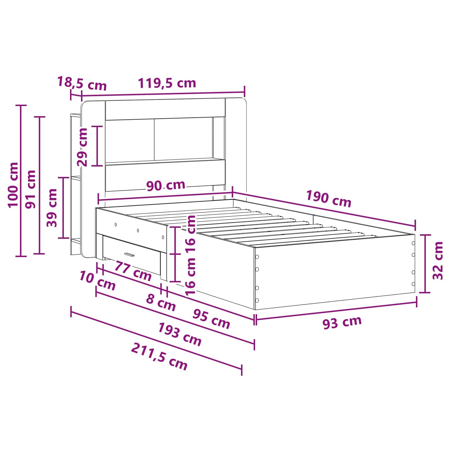 vidaXL Σκελετός κρεβατιού με αποθήκευση Artisan Δρυς 90 x 190 cm