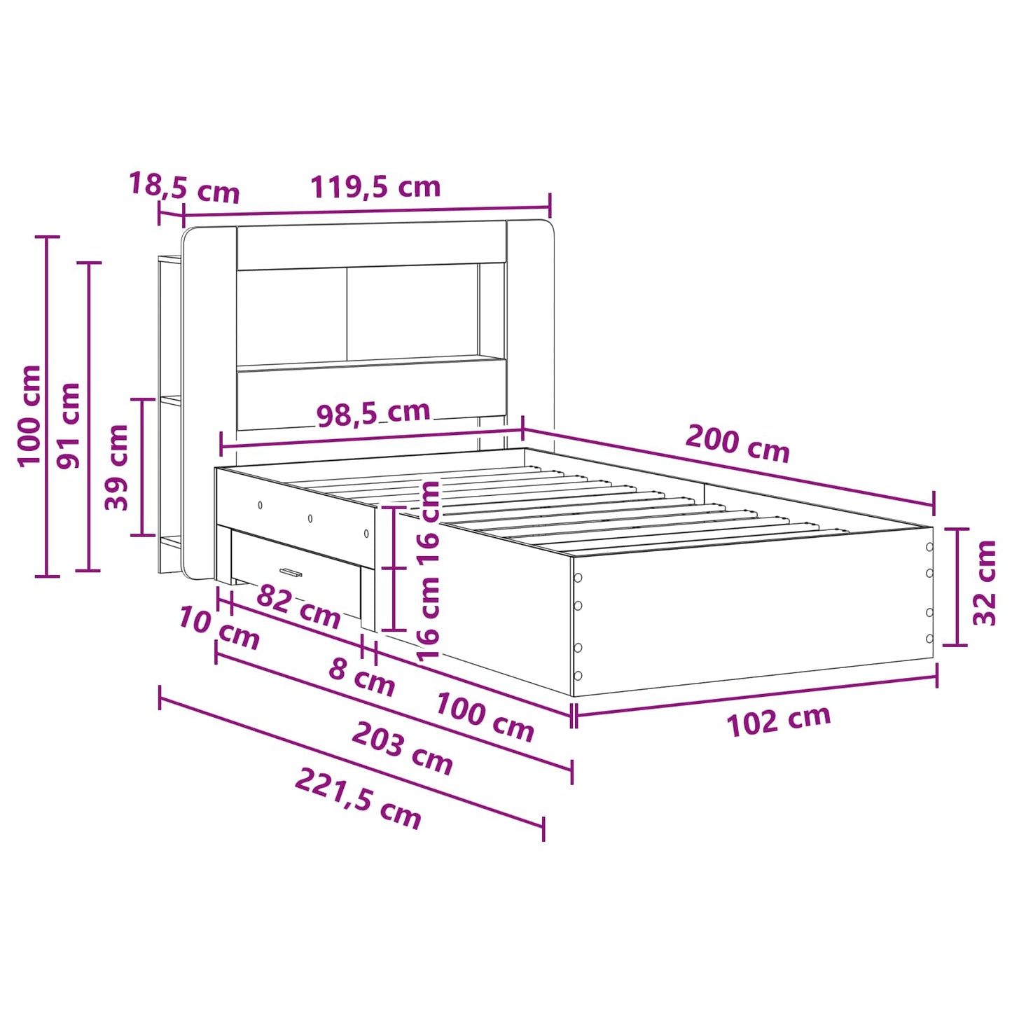 vidaXL Σκελετός κρεβατιού με αποθήκευση Γκρι Sonoma 100 x 200 cm