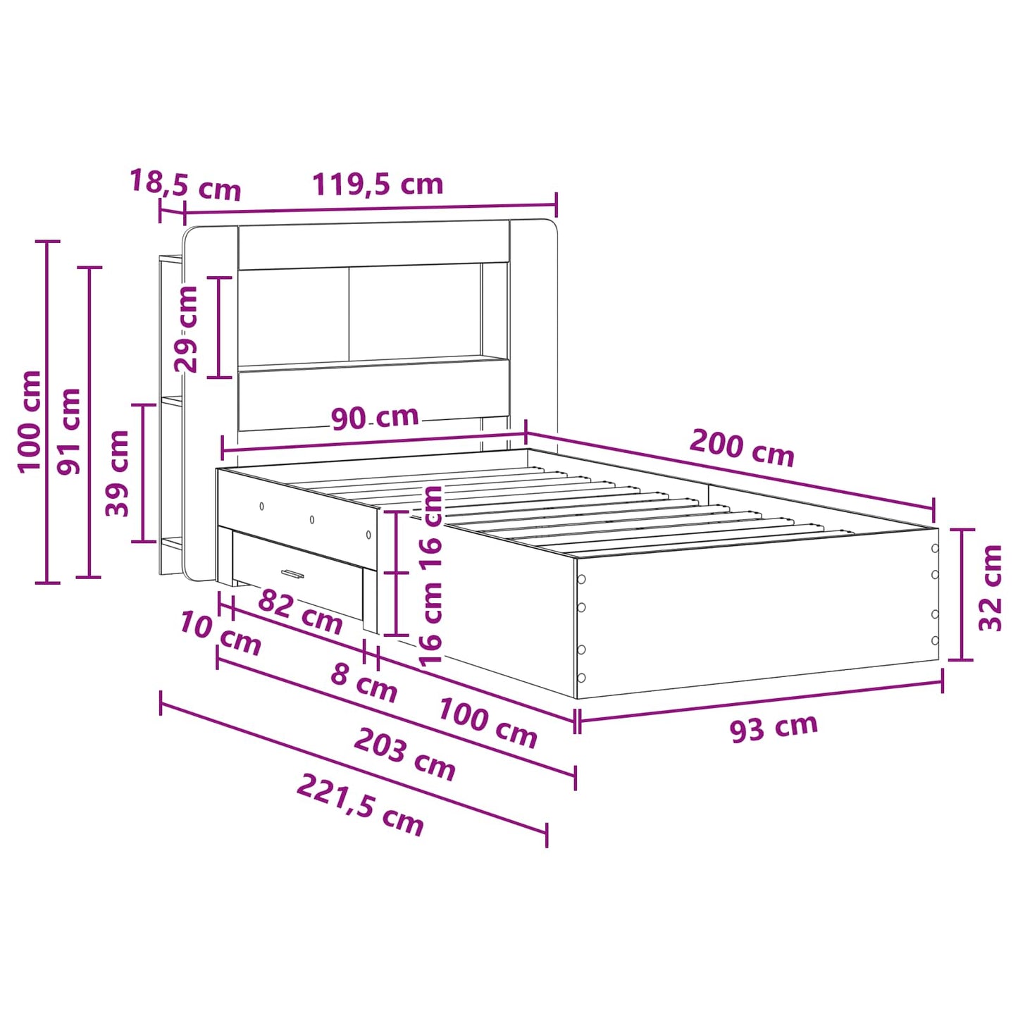 vidaXL Σκελετός κρεβατιού με αποθήκευση Artisan Δρυς 90 x 200 cm