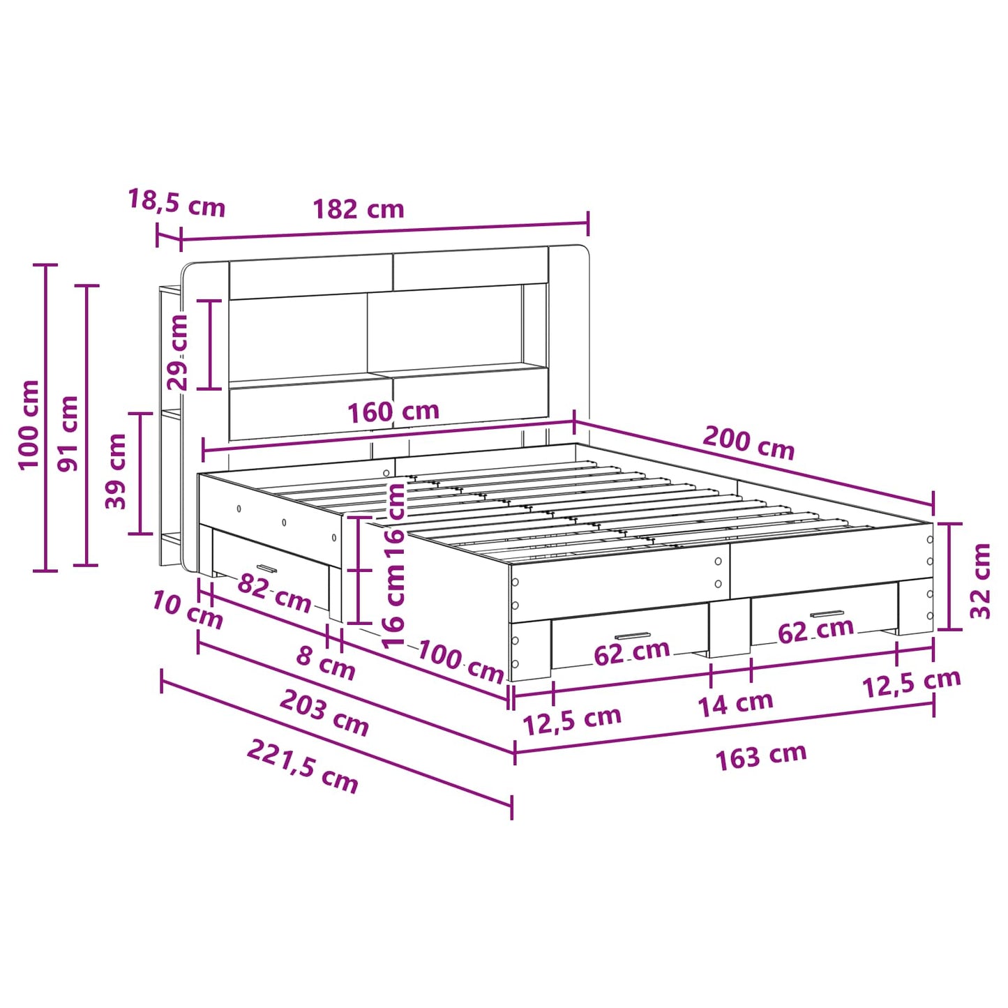 vidaXL Σκελετός κρεβατιού με αποθήκευση Γκρι Sonoma 160 x 200 cm