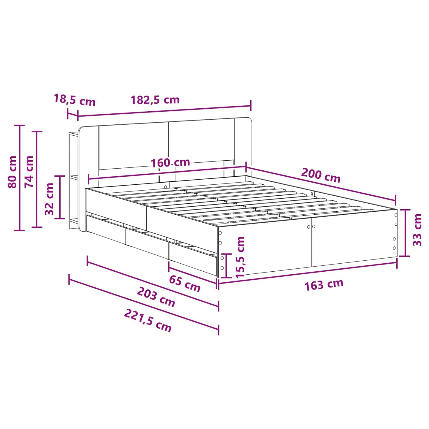vidaXL Σκελετός κρεβατιού με αποθήκευση Γκρι Sonoma 160 x 200 cm