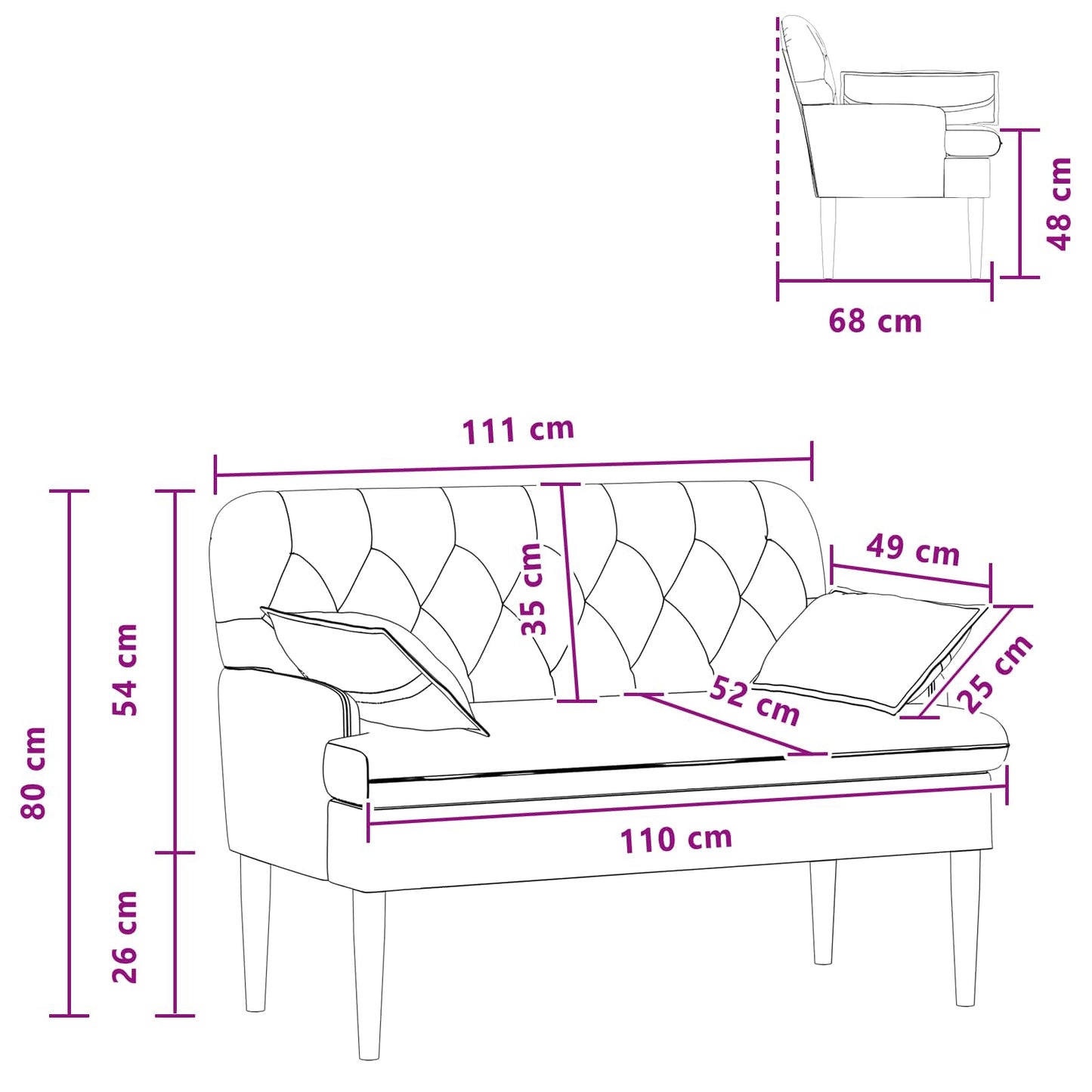 vidaXL Love seat με κουμπιά Μαύρο 111 x 68 x 80 εκ. Ύφασμα