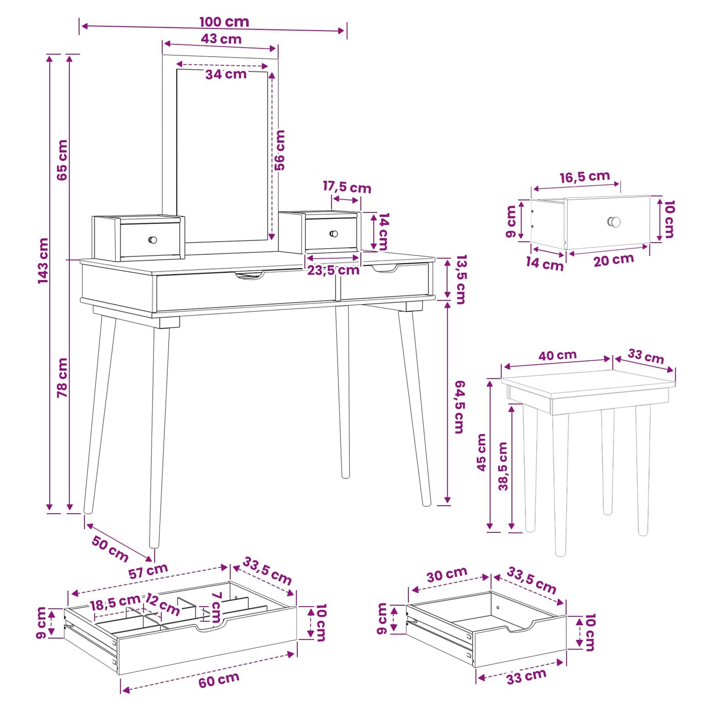 vidaXL Σετ Τραπεζιού Μακιγιάζ FAUSKE 5 pcs Λευκό 100 x 50 x 143 εκ