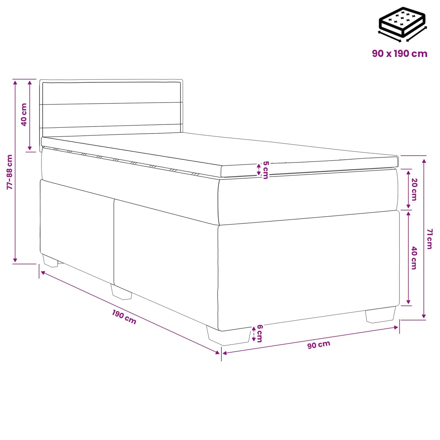 vidaXL Κρεβάτι box spring με στρώμα Σκούρο Γκρι 90 x 190 cm Ύφασμα