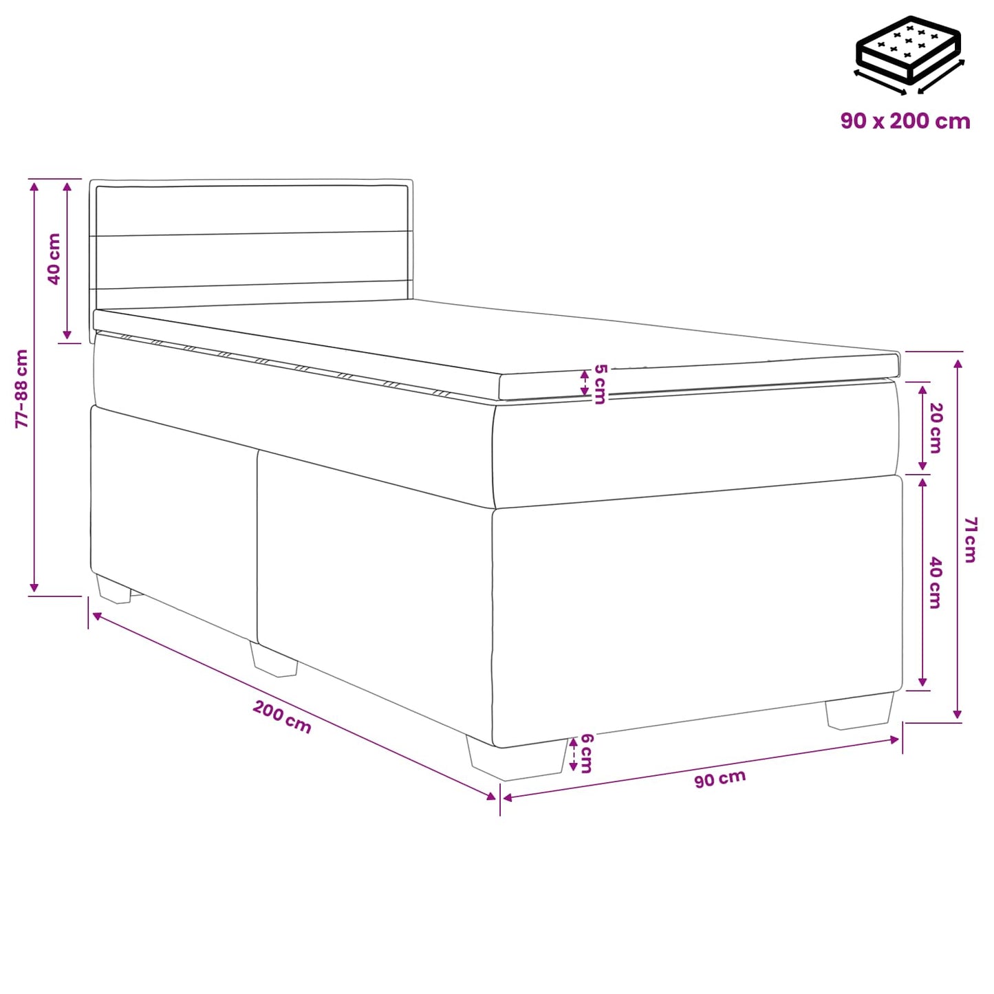 vidaXL Κρεβάτι box spring με στρώμα Μαύρο 90 x 200 cm Ύφασμα