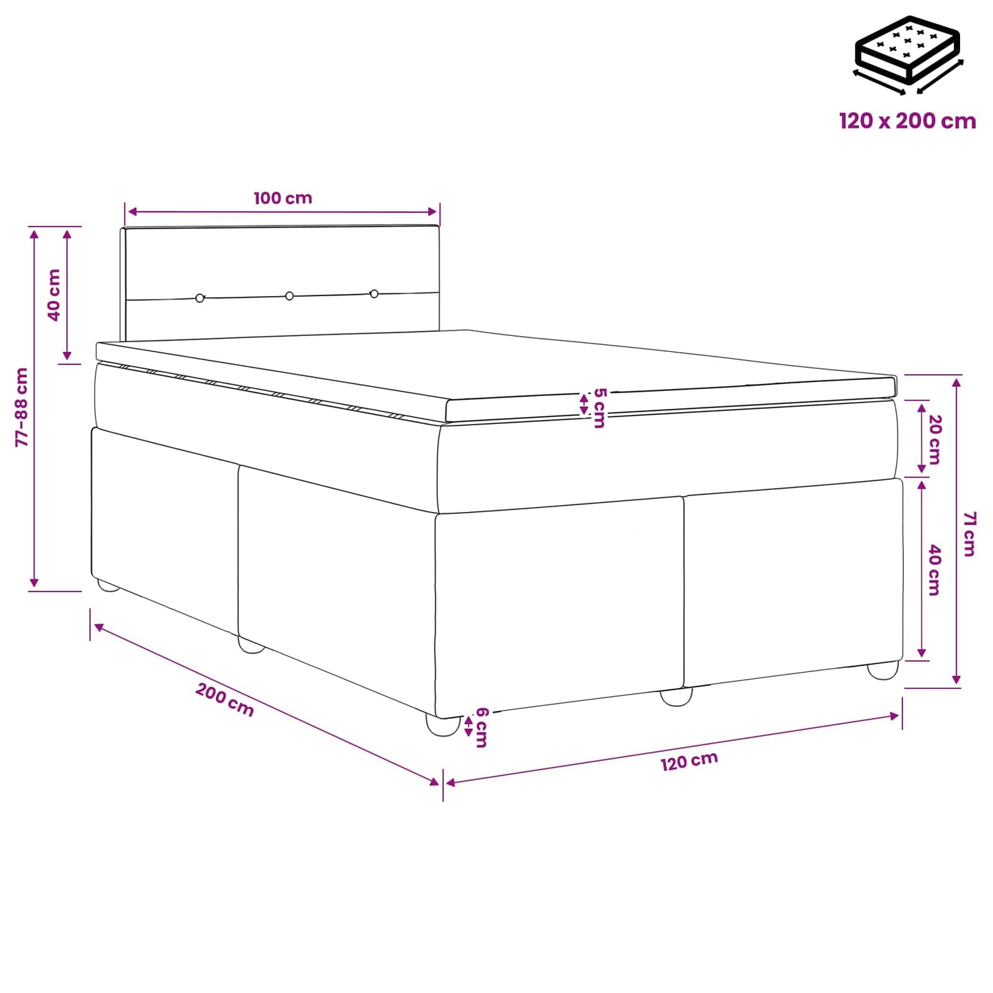 vidaXL Κρεβάτι box spring με στρώμα Μαύρο 120 x 200 cm Ύφασμα