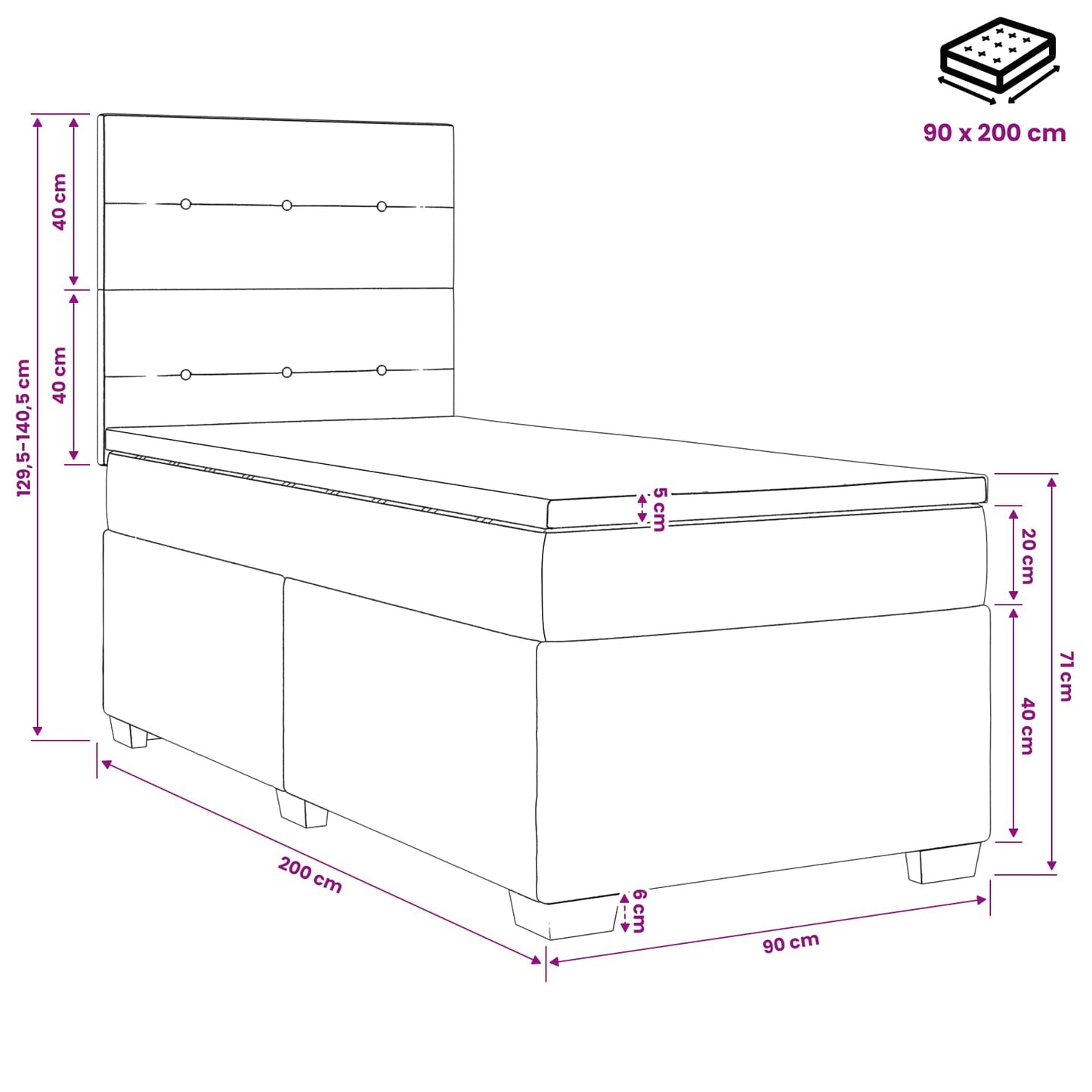 vidaXL Κρεβάτι box spring με στρώμα Μαύρο 90 x 200 cm Βελούδο