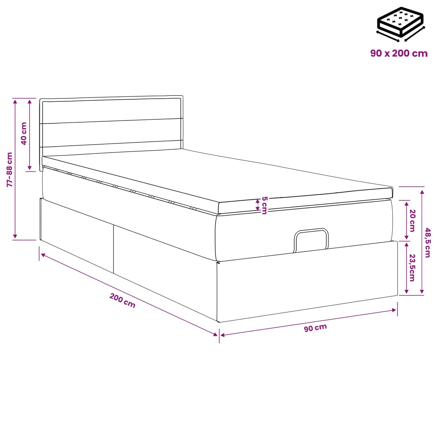 vidaXL Κρεβάτι Ottoman με στρώμα με κεφαλάρι Μαύρο 90 x 200 cm Ύφασμα