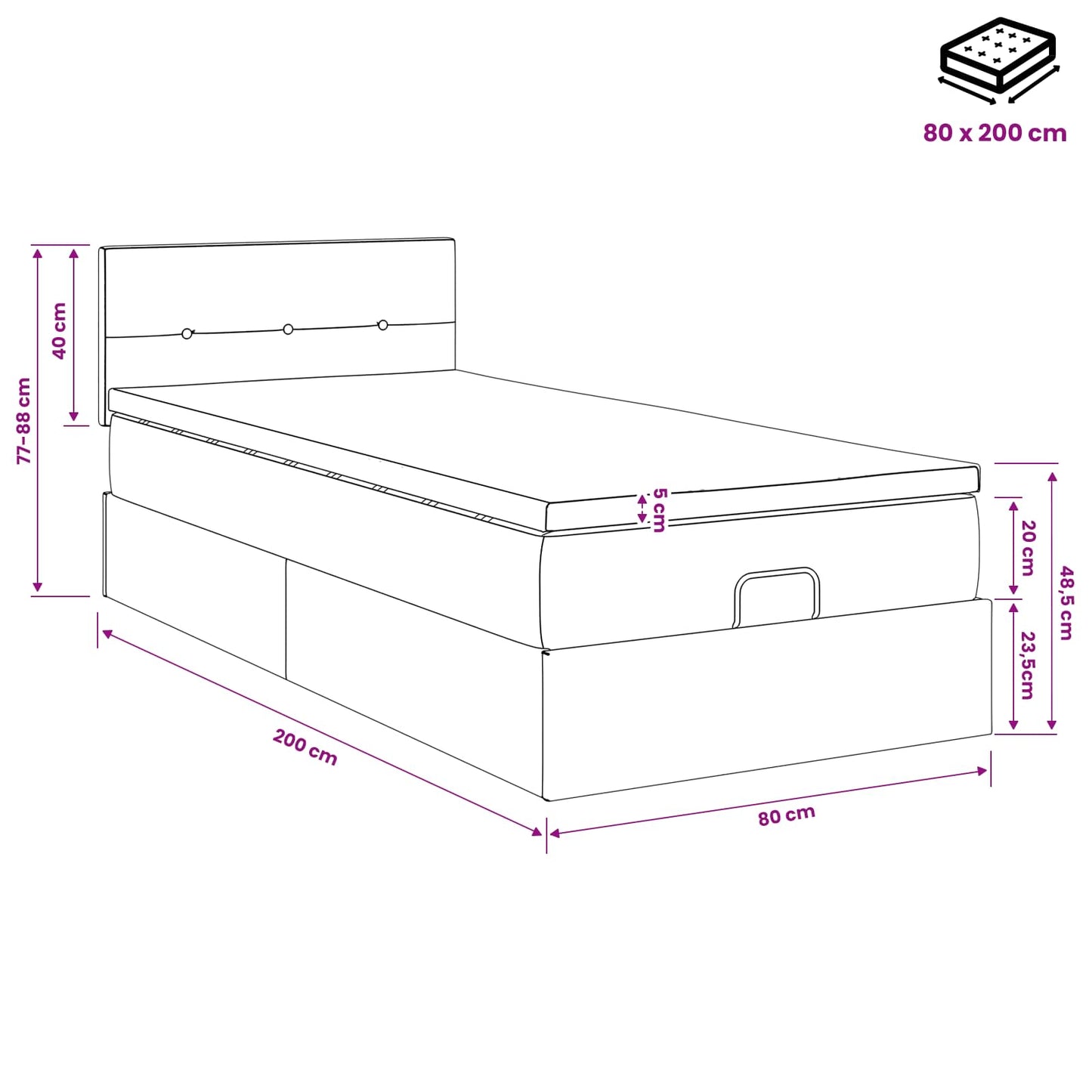 vidaXL Κρεβάτι Ottoman με στρώμα Σκούρο Γκρι 80 x 200 cm Ύφασμα
