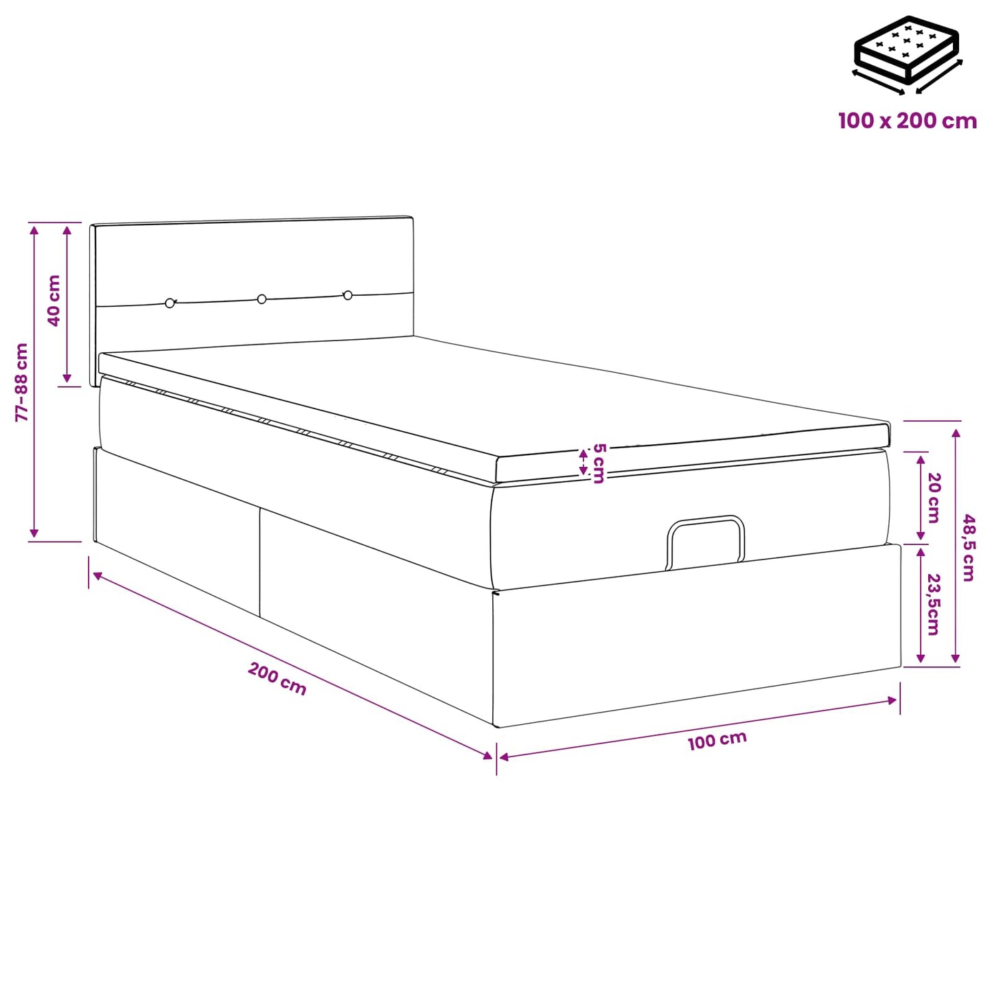 vidaXL Κρεβάτι Ottoman με στρώμα με κεφαλάρι Μαύρο 100 x 200 cm Ύφασμα