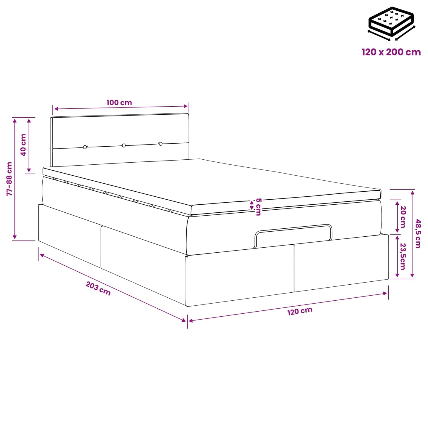 vidaXL Κρεβάτι Ottoman με στρώμα με κεφαλάρι Μαύρο 120 x 200 cm Ύφασμα