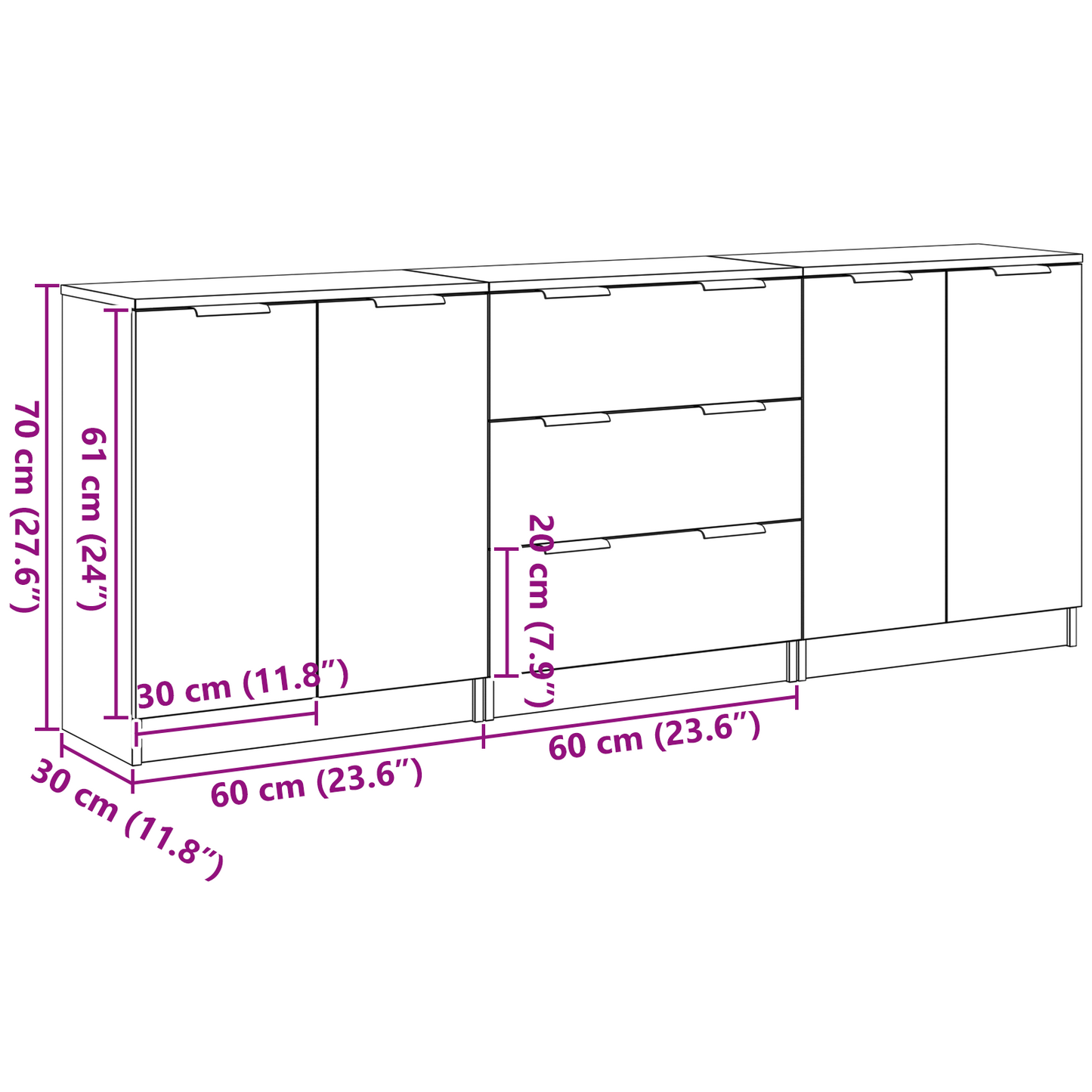 vidaXL Πλαϊνό γραφείο 3 τμχ. Μαύρη Οξυά 180 x 30 x 70 εκ