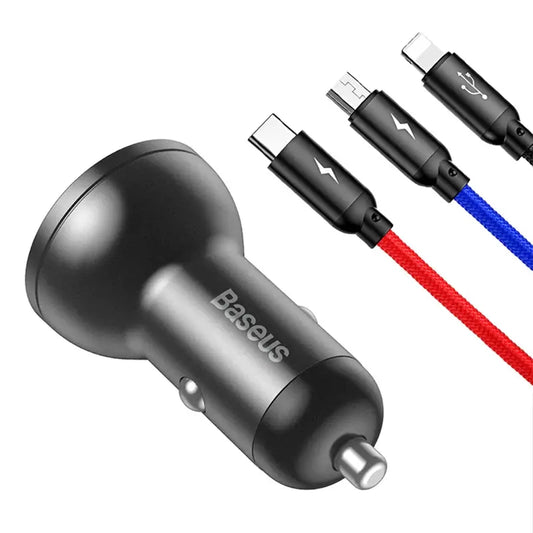 Baseus Φορτιστής Αυτοκινήτου 24W με Καλώδιο USB 3σε1 (USB-C, Lightning, Micro USB) 1.2m (Μαύρο)