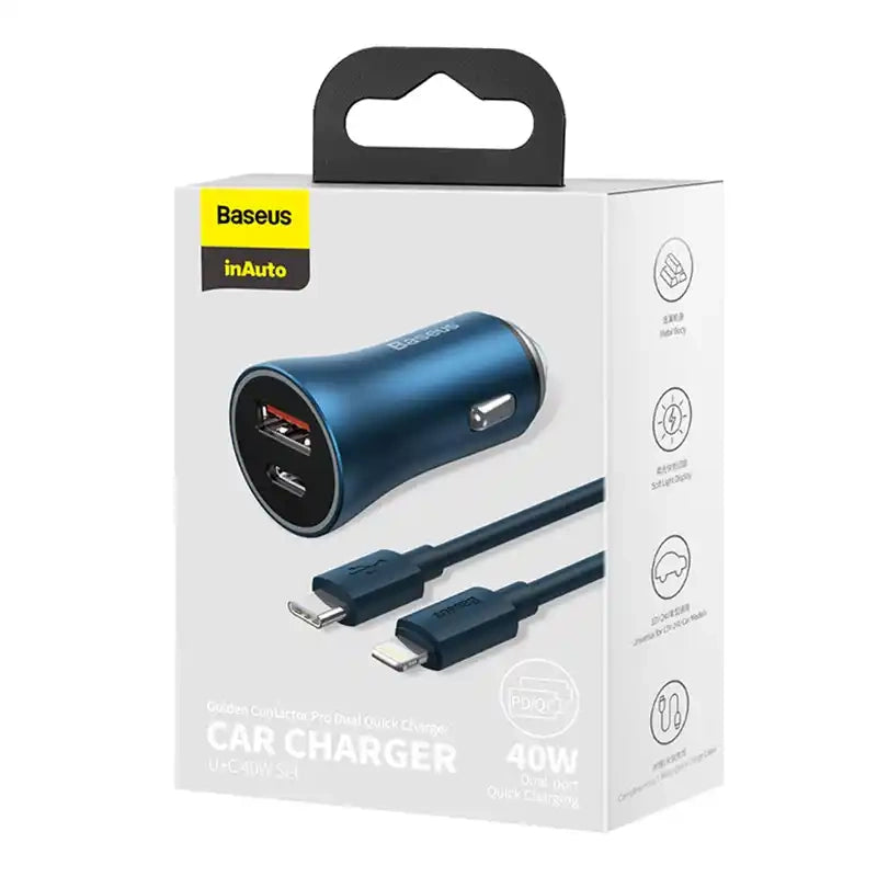 Baseus Φορτιστής Αυτοκινήτου Golden Contactor Pro, USB + USB-C, QC4.0+, PD, SCP, 40W με Καλώδιο USB-C σε Lightning 1m (Μπλε)