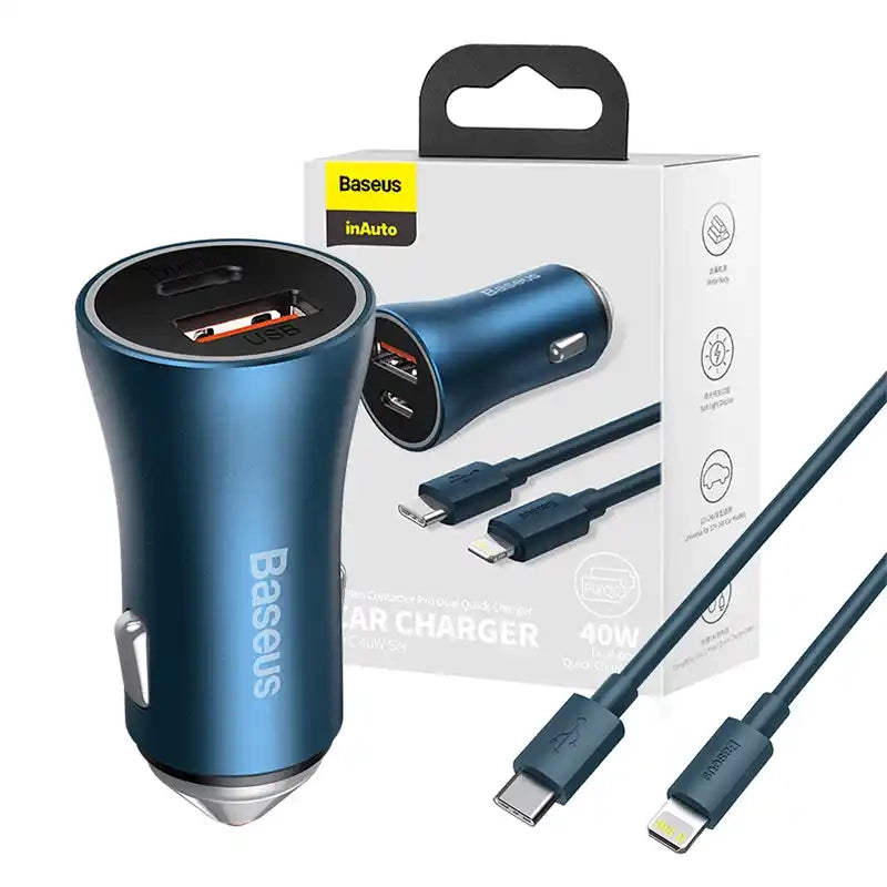 Baseus Φορτιστής Αυτοκινήτου Golden Contactor Pro, USB + USB-C, QC4.0+, PD, SCP, 40W με Καλώδιο USB-C σε Lightning 1m (Μπλε)