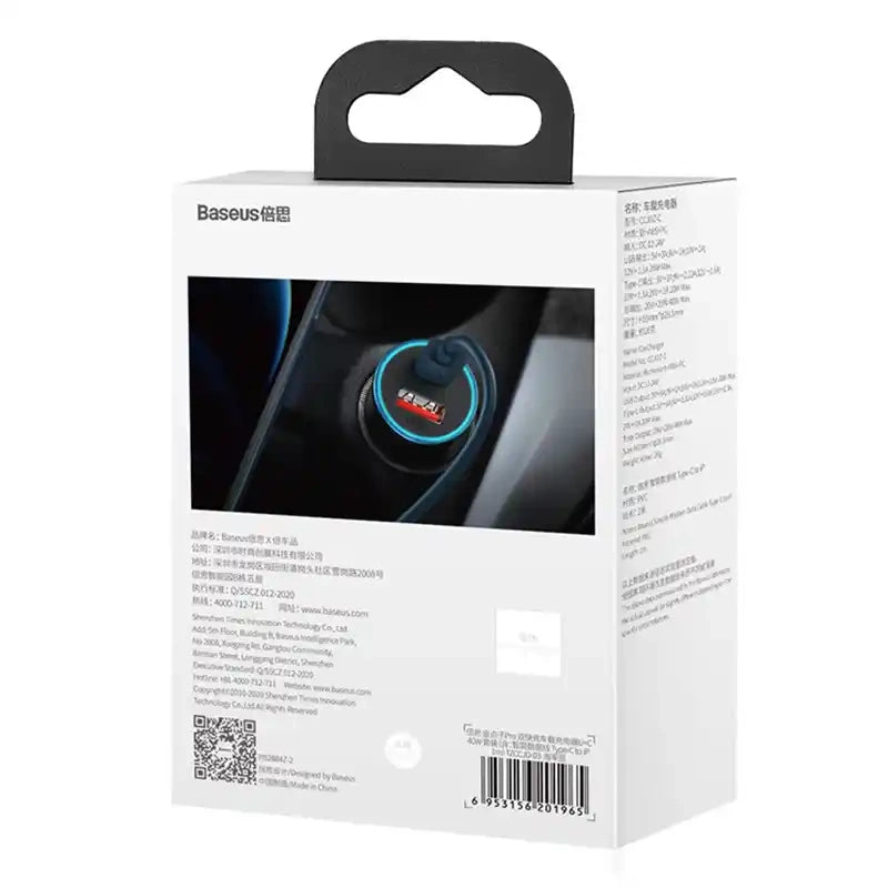 Baseus Φορτιστής Αυτοκινήτου Golden Contactor Pro, USB + USB-C, QC4.0+, PD, SCP, 40W με Καλώδιο USB-C σε Lightning 1m (Μπλε)