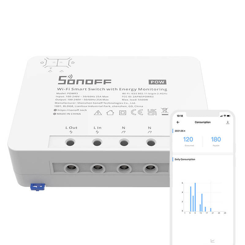 Sonoff Έξυπνος Ενδιάμεσος Διακόπτης WiFi με Παρακολούθηση Ενέργειας POWR3 (25A/5500W) (Λευκό)
