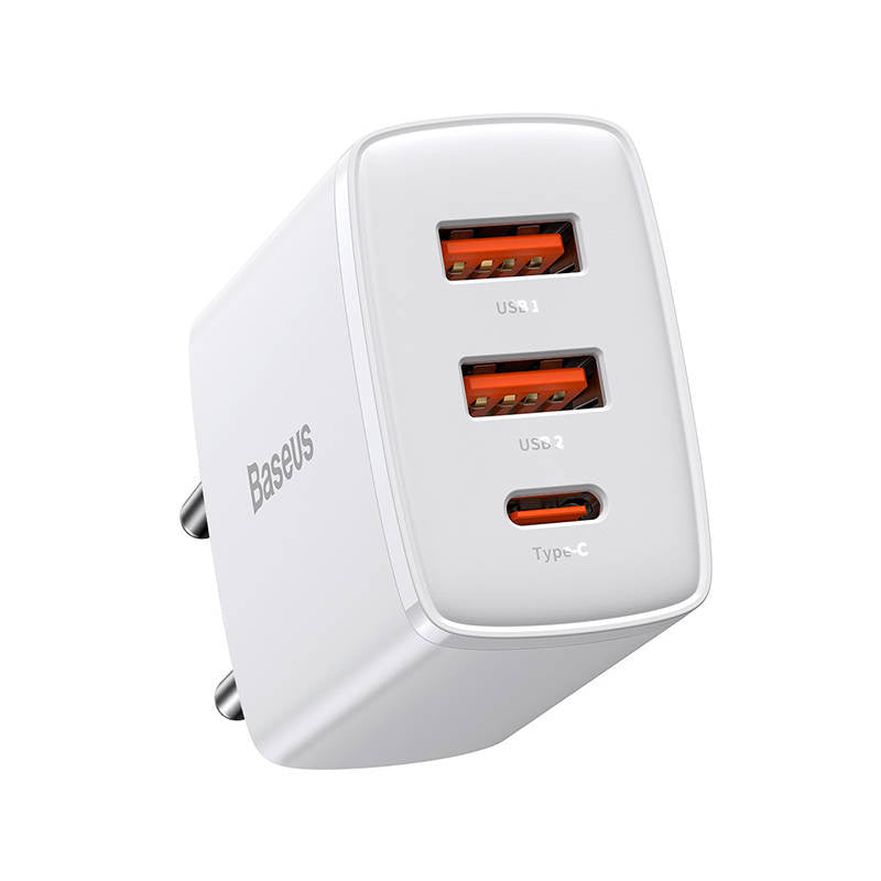 Baseus Φορτιστής Compact Quick Charger 2xUSB, USB-C, PD, 3A, 30W (Λευκό)