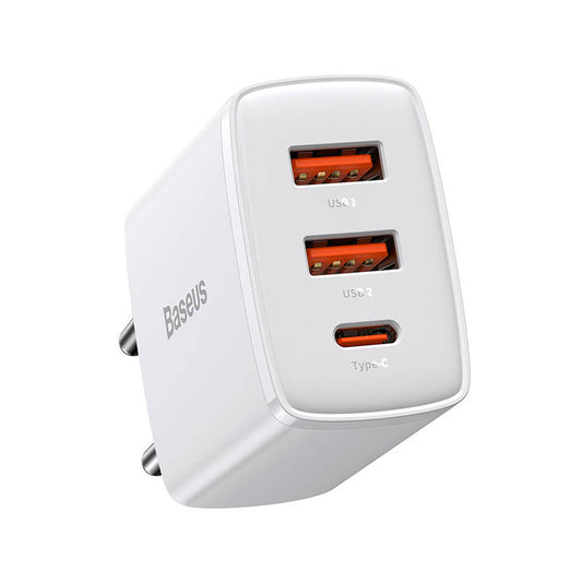 Baseus Φορτιστής Compact Quick Charger 2xUSB, USB-C, PD, 3A, 30W (Λευκό)