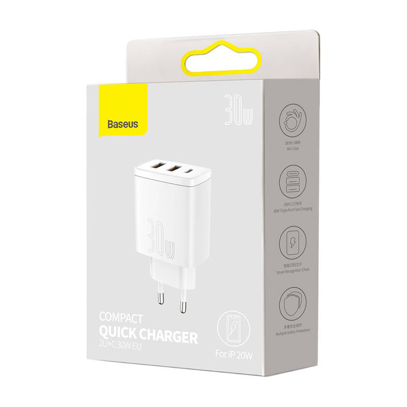 Baseus Φορτιστής Compact Quick Charger 2xUSB, USB-C, PD, 3A, 30W (Λευκό)