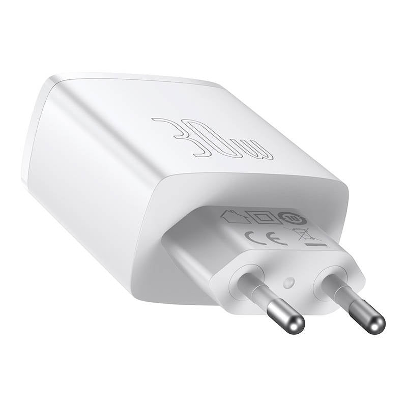 Baseus Φορτιστής Compact Quick Charger 2xUSB, USB-C, PD, 3A, 30W (Λευκό)