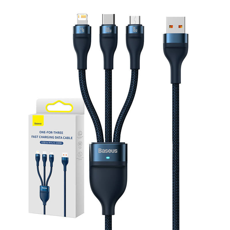 Baseus Καλώδιο USB 3σε1 Flash Series, USB-C+MicroUSB+Lightning, 100W, 1.2m (Μπλε)