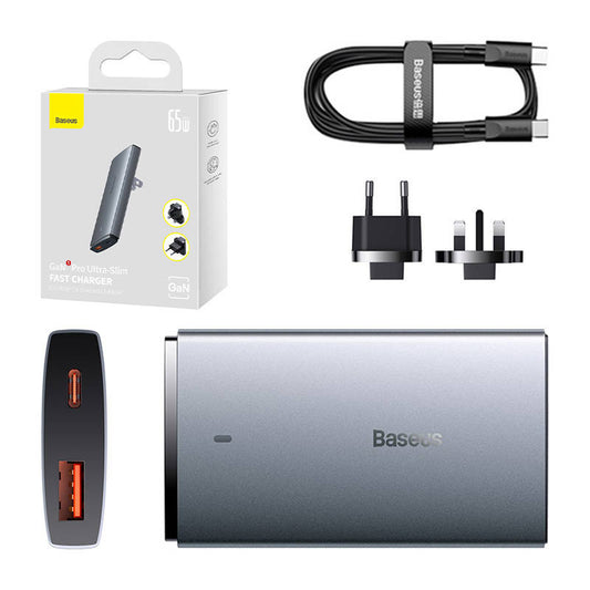 Baseus Φορτιστής GaN5, 1 xUSB-C, 1 xUSB-A 65W (Ασημί)