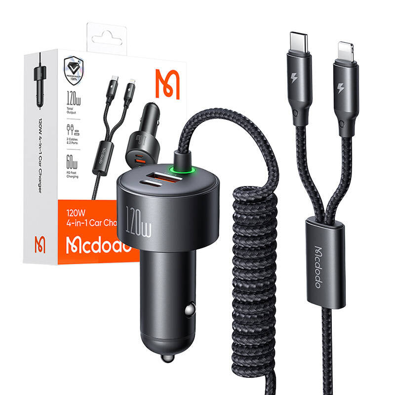 Mcdodo CC-0370 120W 1C+1A Car Charger with USB-C and Lighting retractable cables
